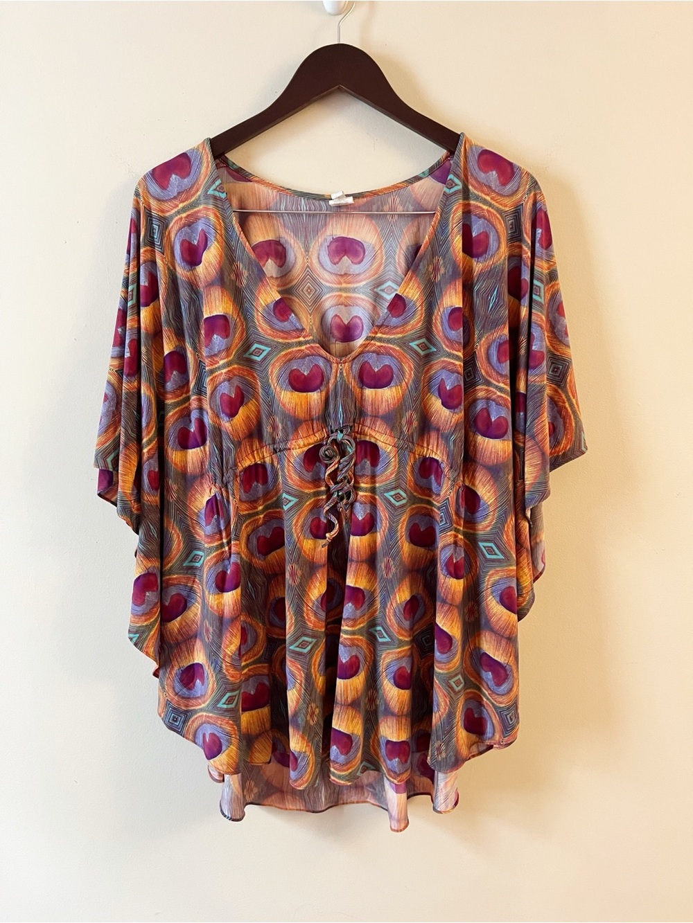 Vix Peacock Print Kimono Sleeve Tunic Beach Coverup Size Medium Purple/Orange